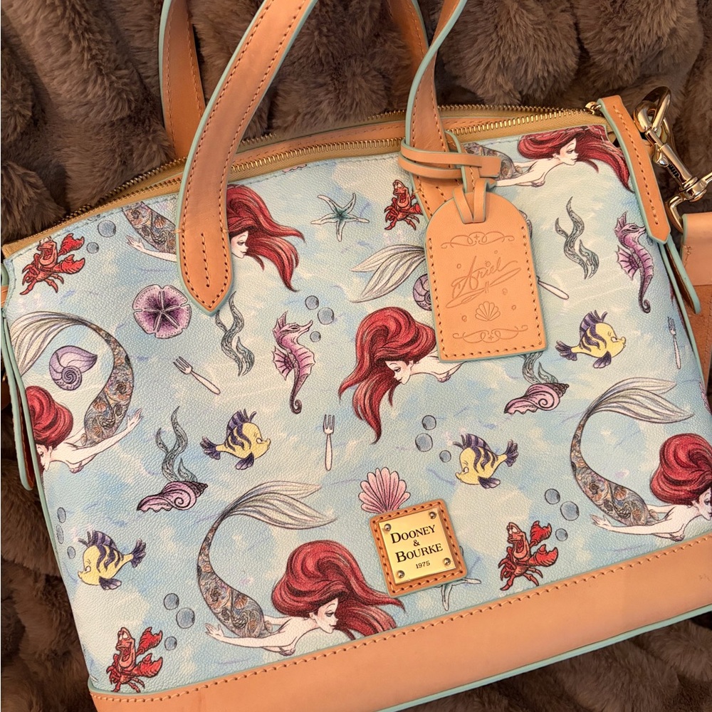 Dooney & Bourke Disney Light Blue Ariel Mermaid Print Satchel with Tan Trim